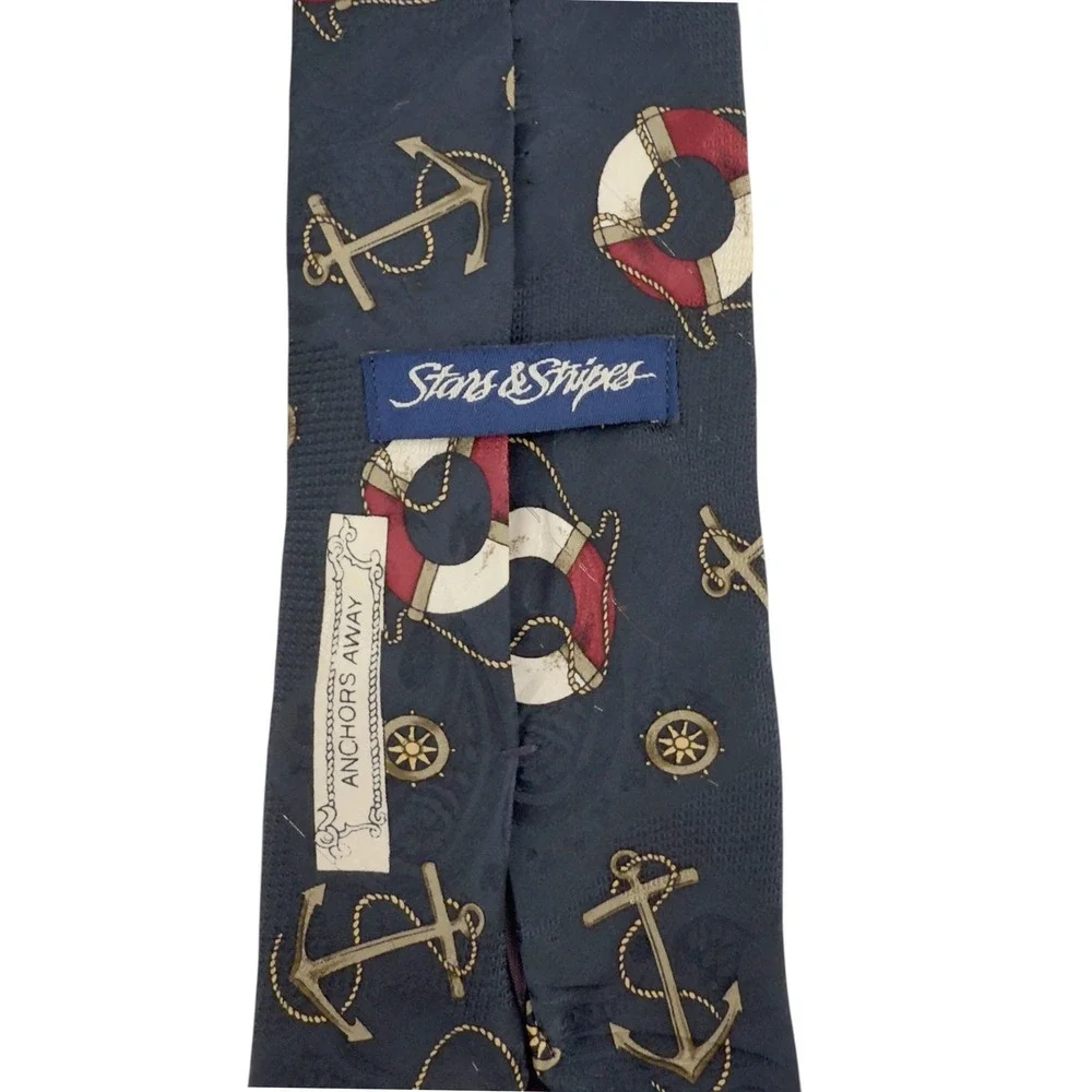 Vtg Stars Stripes Nautical Maritime Silk Tie Mens Anchor Life Ring Shipwheel USA